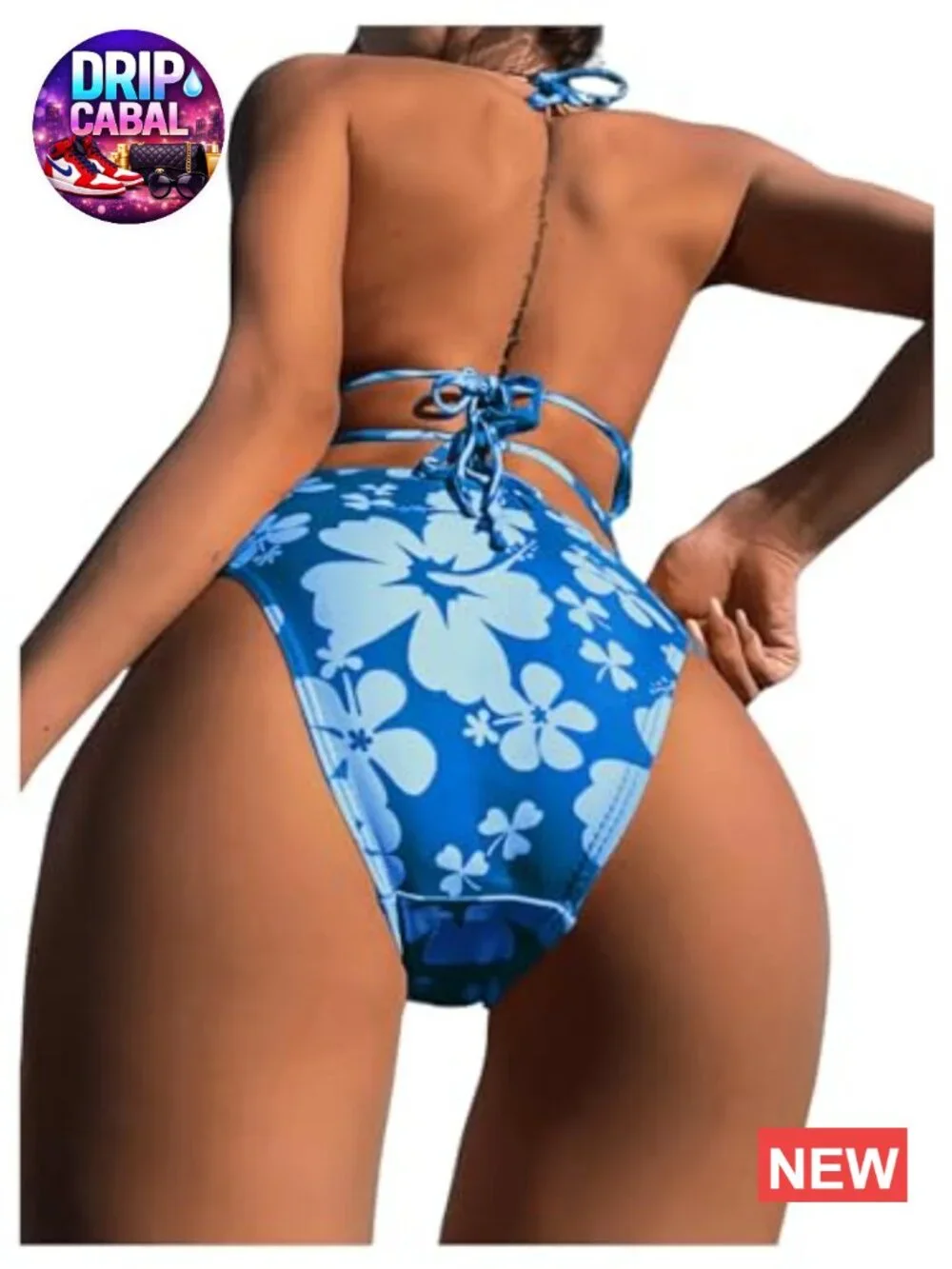 Tankini 2 Piece Floral Print Halter Tie Back Crop Top and Bottoms Swimsuit Set